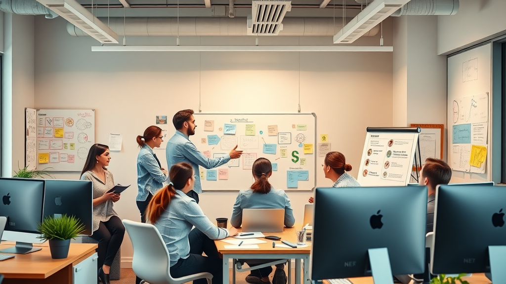 vibrant marketing office, professionals collaborating on digital marketing strategies, modern office setting