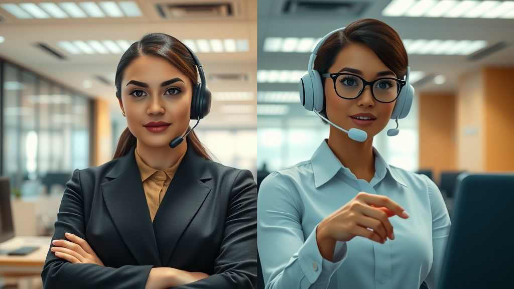 Professional human receptionist and virtual AI receptionist interface side-by-side, comparing technology and human touch at front desk