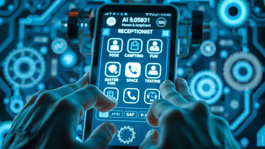 Futuristic AI receptionist phone interface, friendly design, processing phone calls and scheduling appointments