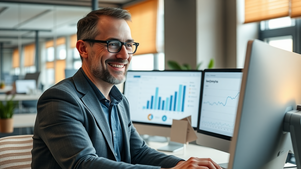 Happy business owner reviewing AI receptionist phone call analytics, improved call handling metrics displayed