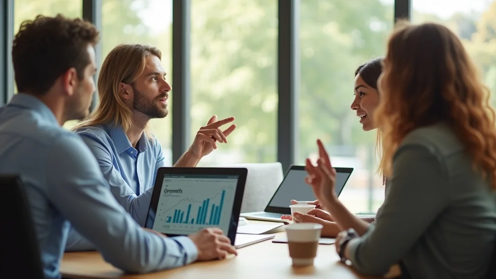 Marketing director inspiring small business team to adopt ai marketing automation using growth statistics and tablets