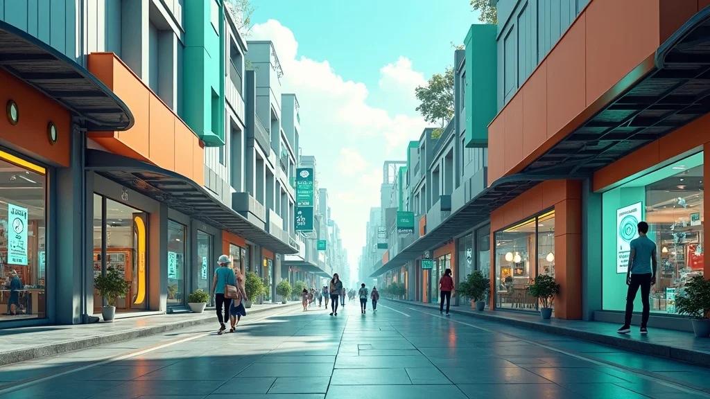 Futuristic cityscape of interconnected small storefronts representing ai marketing automation in modern business