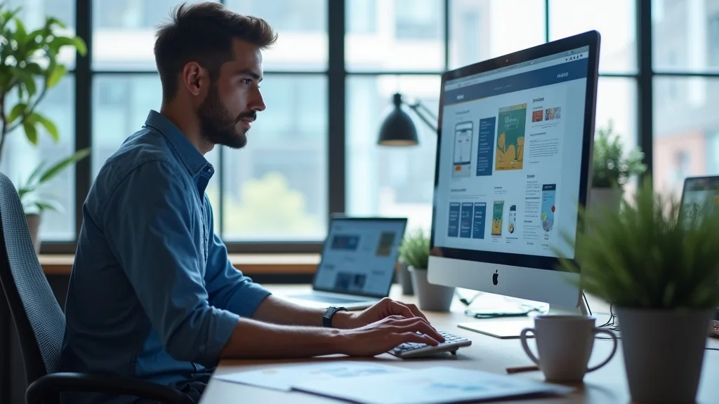 Photorealistic modern web designer at work creating affordable website design in a creative studio with digital tools.