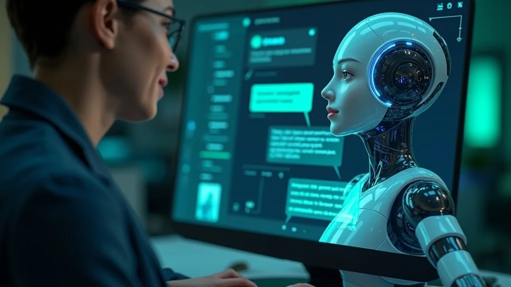 Photorealistic AI-powered chatbot interface assisting a satisfied customer on a business desktop, displaying vibrant chat bubbles and a responsive digital assistant.