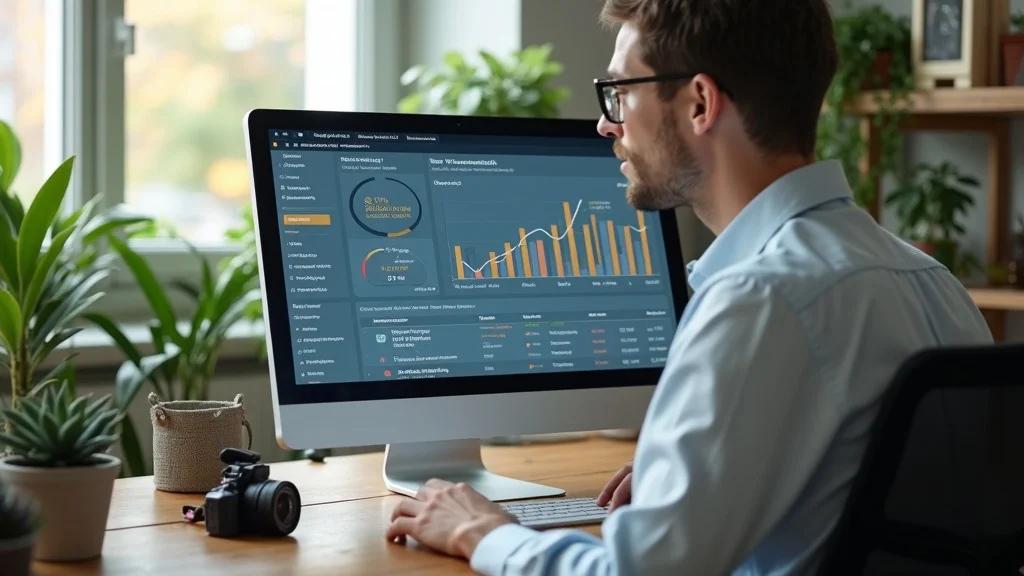 Affordable website design analytics dashboard, entrepreneur reviewing conversion data to optimize business performance.