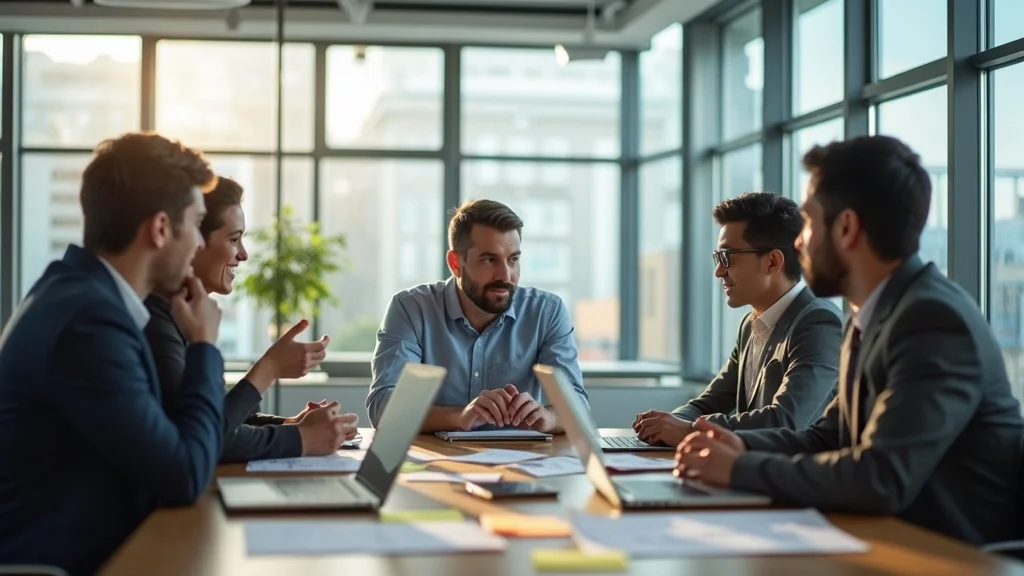 Collaborative team meeting reviewing customer feedback and AI engagement metrics, examining digital forms and analytics in a modern conference room.