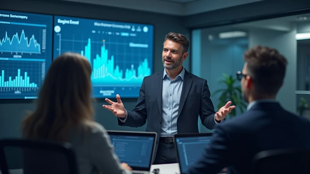 Small business owner confidently explaining AI customer engagement features to an attentive team inside a modern, tech-enabled office with presentation screens.